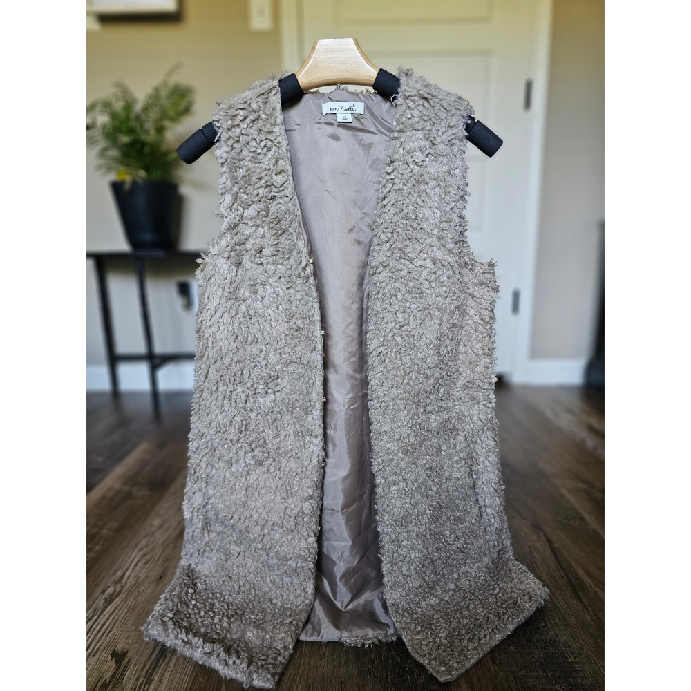 Simply‎ Noelle Womens Long Faux Fur Vest Taupe Tan Open Front Sherpa XS 4-6
